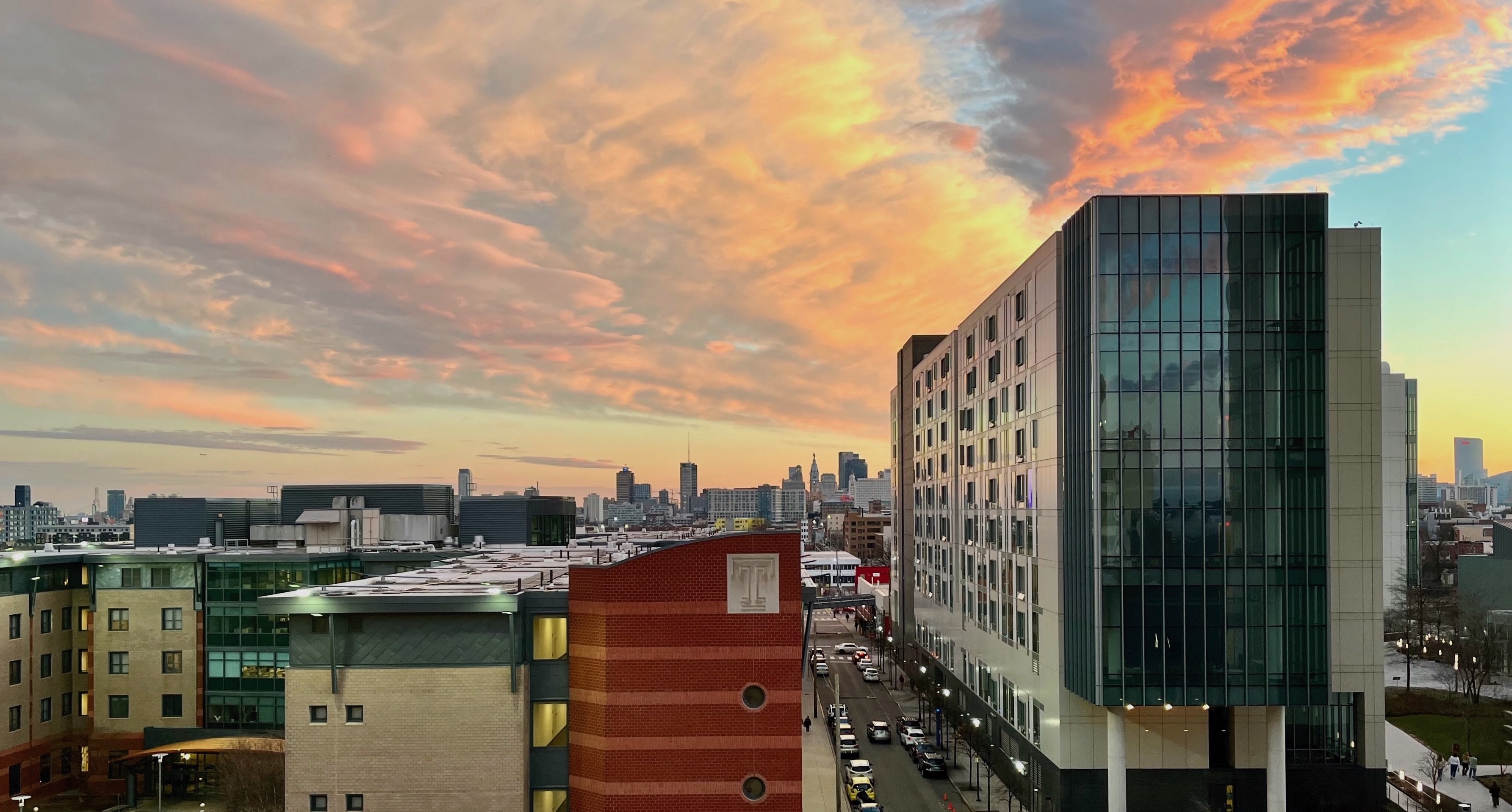 Photo of the view looking towards downtown Philadelphia at sunset from the Department of Epidemiology and Biostatistics, Temple University
