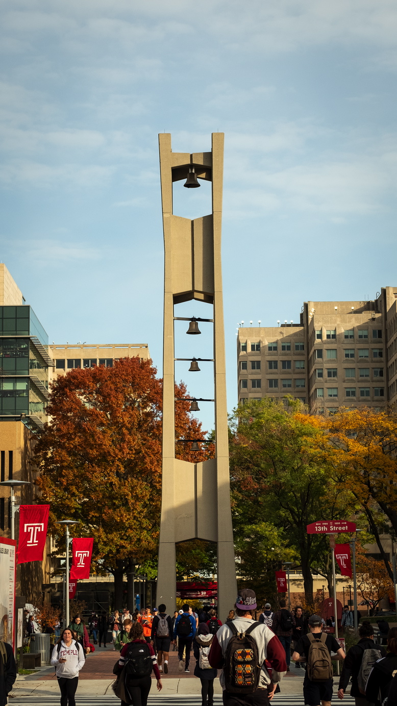 Photo of campus including the Bell Tower at Temple University